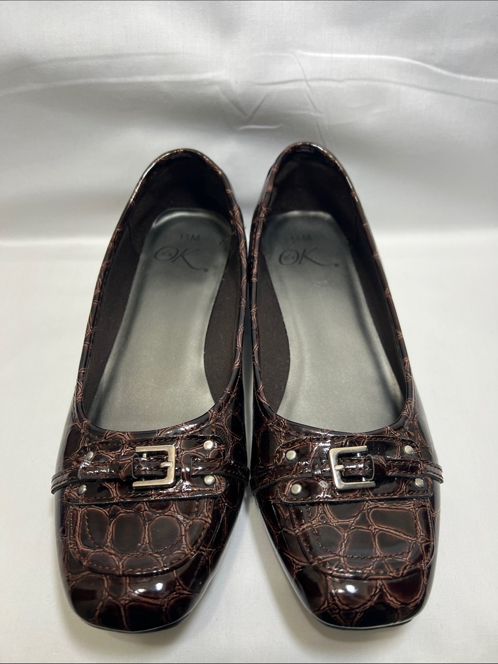 Classic Brown Croc-Embossed Buckle Ballet Flats